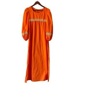 Vintage 60s/70s Bright Orange Empire Waist Maxi Dress with lace Trim Size XS